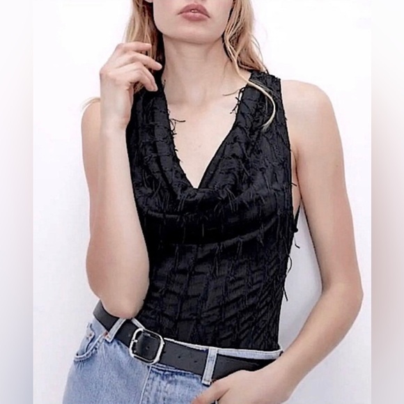 ZARA Black Textured Fringe Bodysuit Sleeveless V-Neck Women’s Small - Picture 2 of 10
